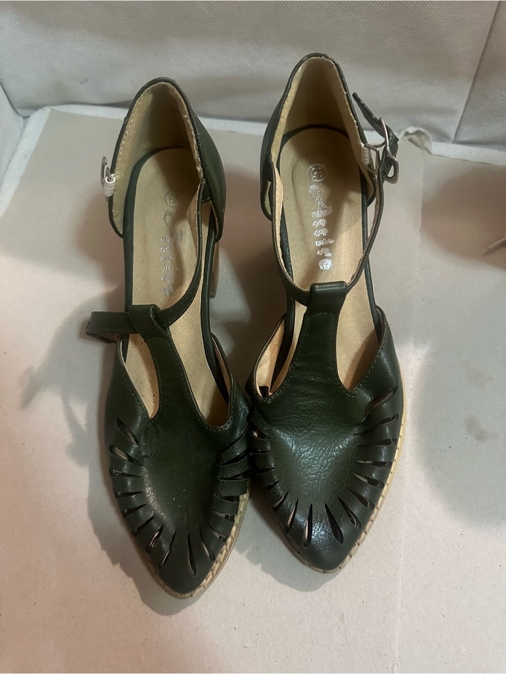 Women's Dark Green T-Strap Pointed Heels
